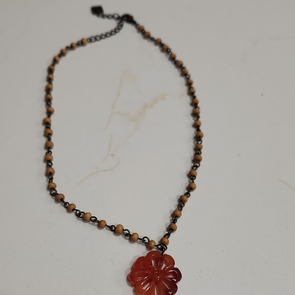 Brown Beaded Necklace with Red Floral Pendant